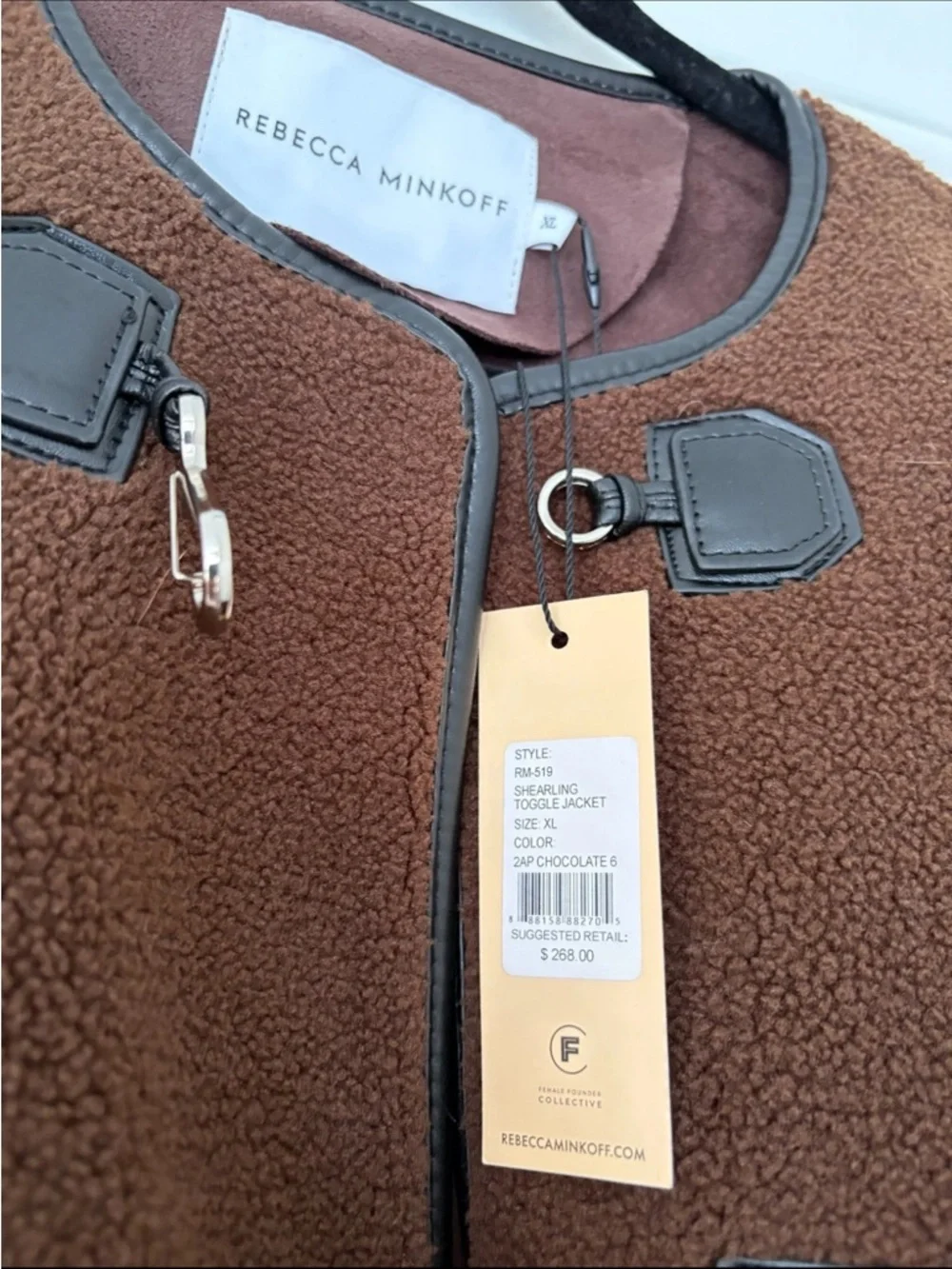 NWT $268 Rebecca Minkoff Shearling Toggle Jacket Chocolate Brown XL - Picture 7 of 7